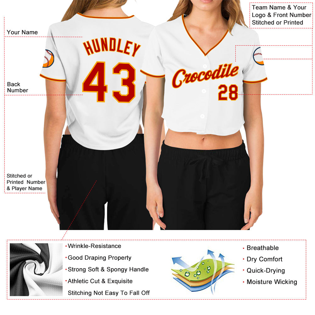 Custom Women's White Red-Gold V-Neck Cropped Baseball Jersey