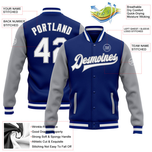 Custom Royal Gray-White Varsity Full-Zip Letterman Bomber Jacket