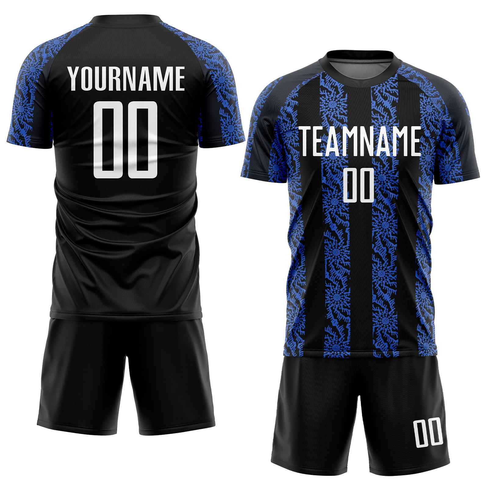 Custom Black White-Royal Abstract Shape Sublimation Soccer Uniform Jersey