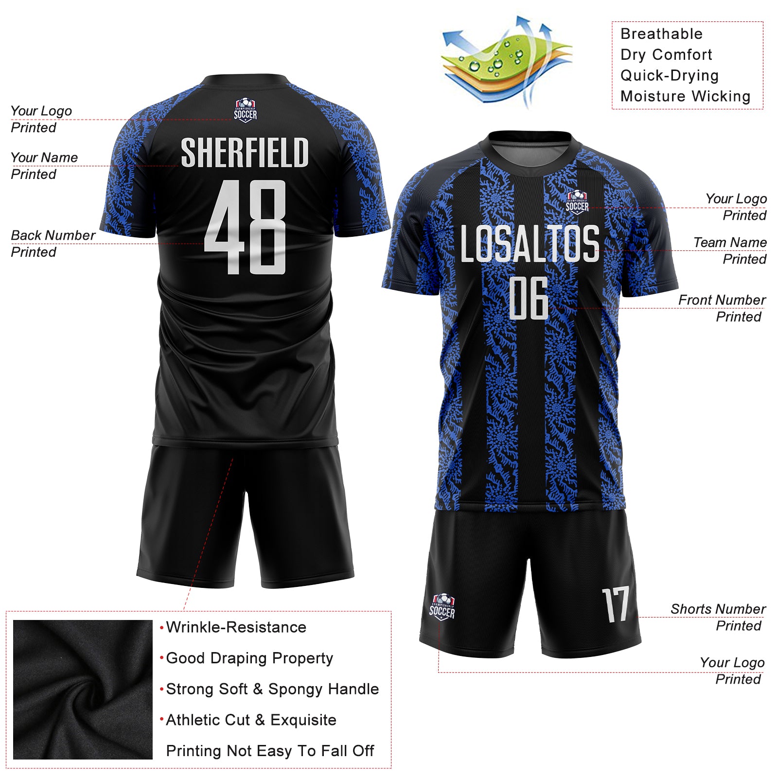 Custom Black White-Royal Abstract Shape Sublimation Soccer Uniform Jersey
