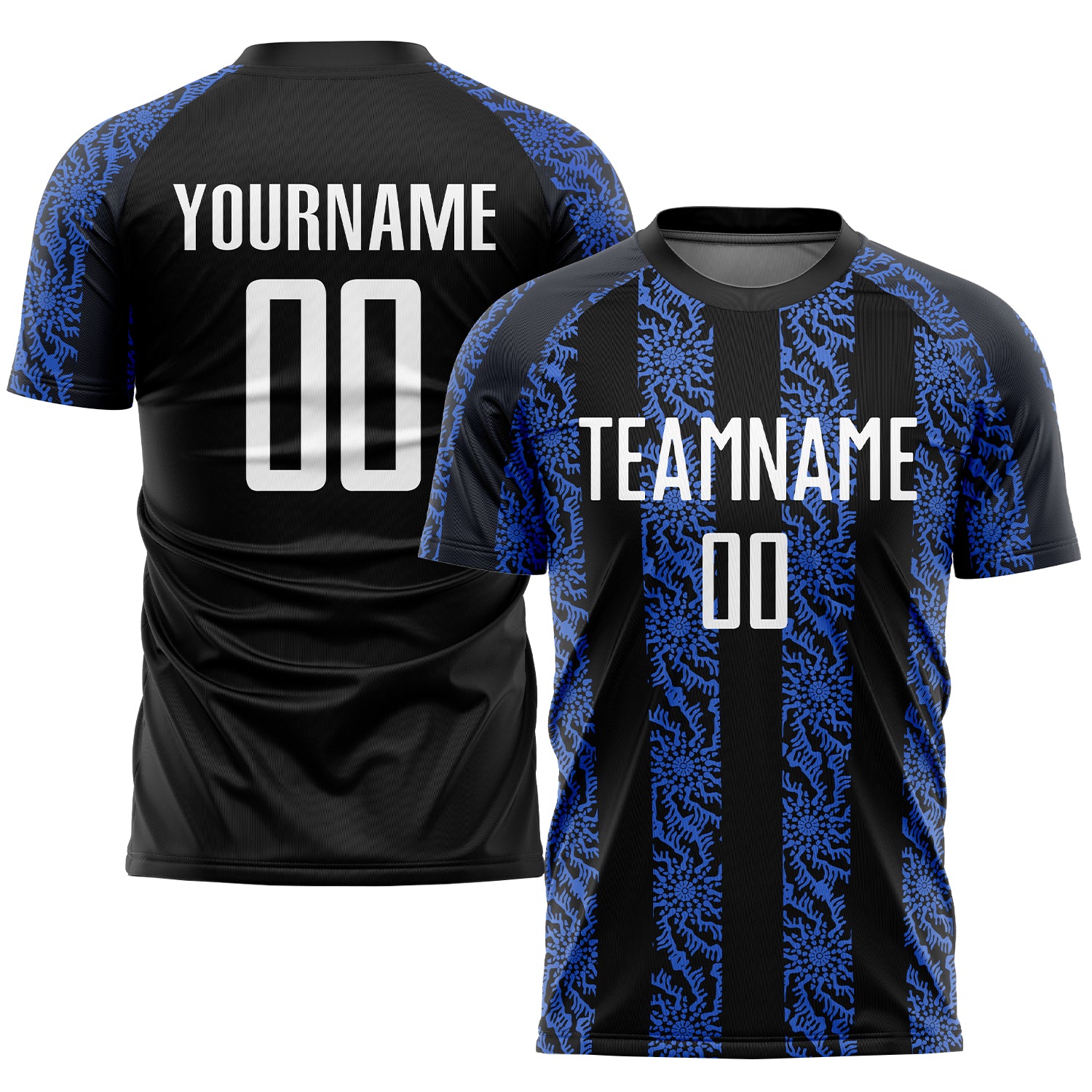 Custom Black White-Royal Abstract Shape Sublimation Soccer Uniform Jersey