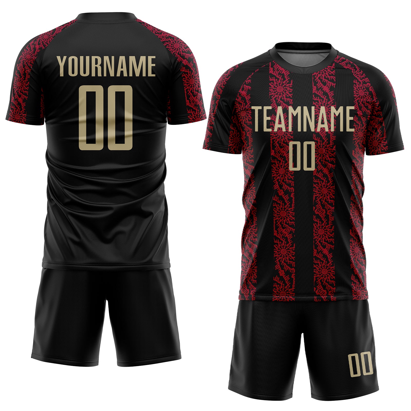 Custom Black Vegas Gold-Red Abstract Shape Sublimation Soccer Uniform Jersey