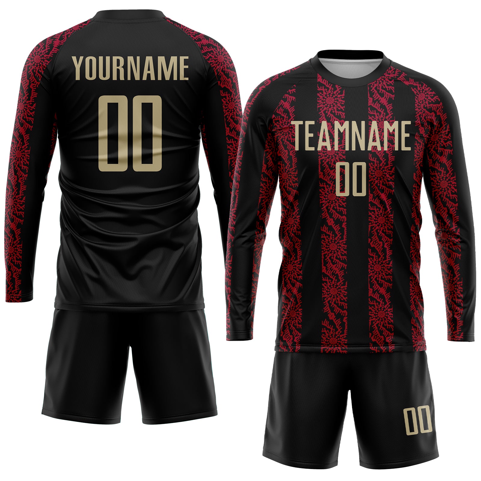 Custom Black Vegas Gold-Red Abstract Shape Sublimation Soccer Uniform Jersey