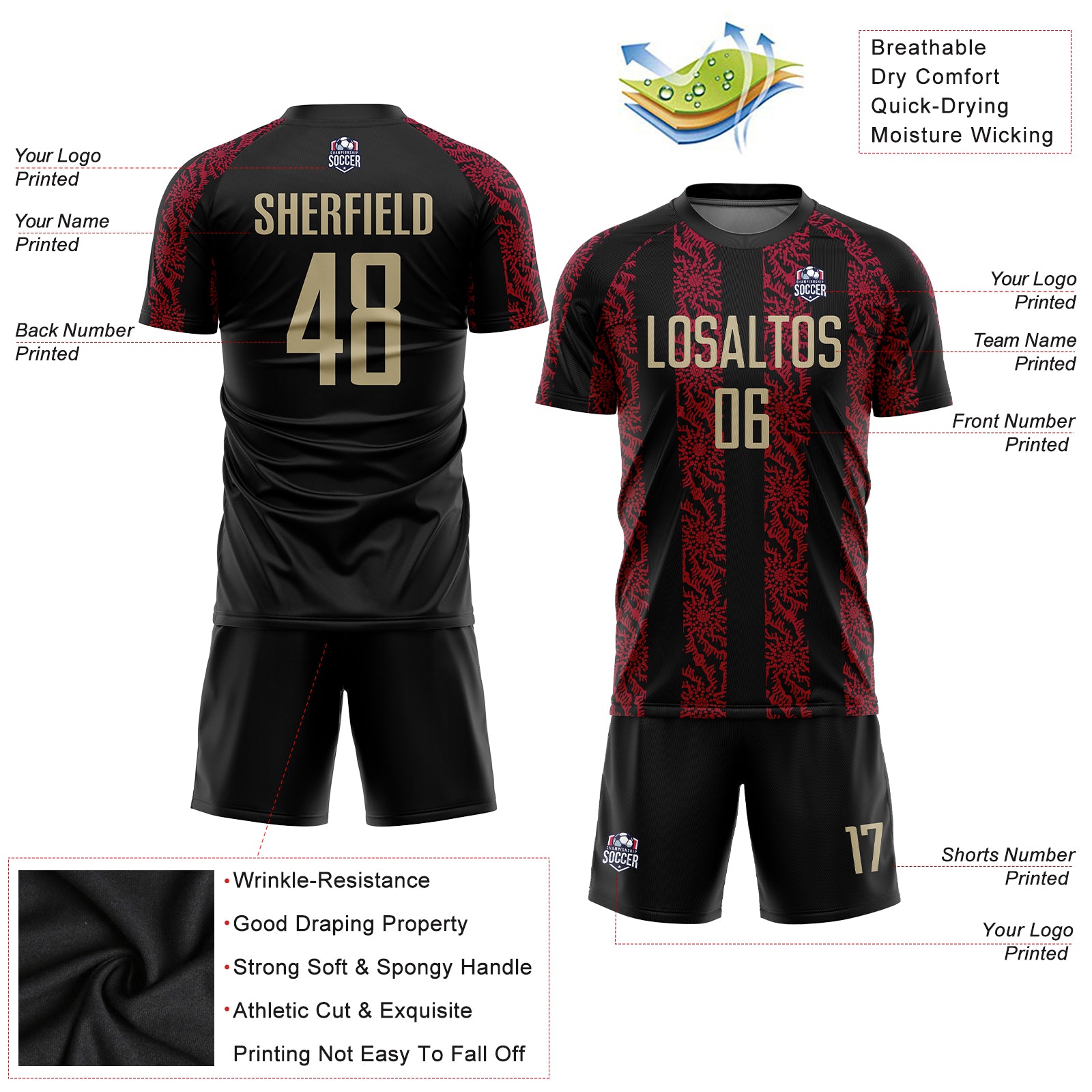 Custom Black Vegas Gold-Red Abstract Shape Sublimation Soccer Uniform Jersey