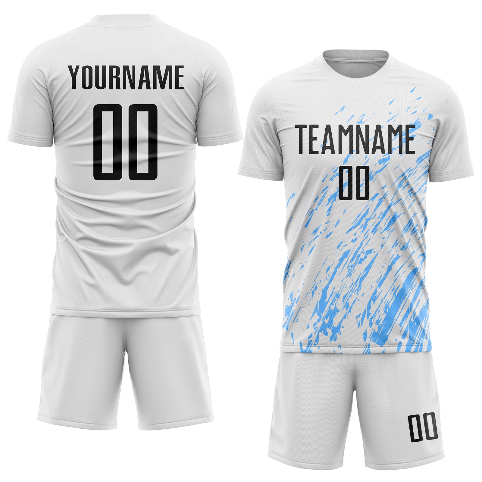 Custom White Black-Light Blue Splash Sublimation Soccer Uniform Jersey