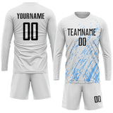 Custom White Black-Light Blue Splash Sublimation Soccer Uniform Jersey