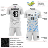 Custom White Black-Light Blue Splash Sublimation Soccer Uniform Jersey