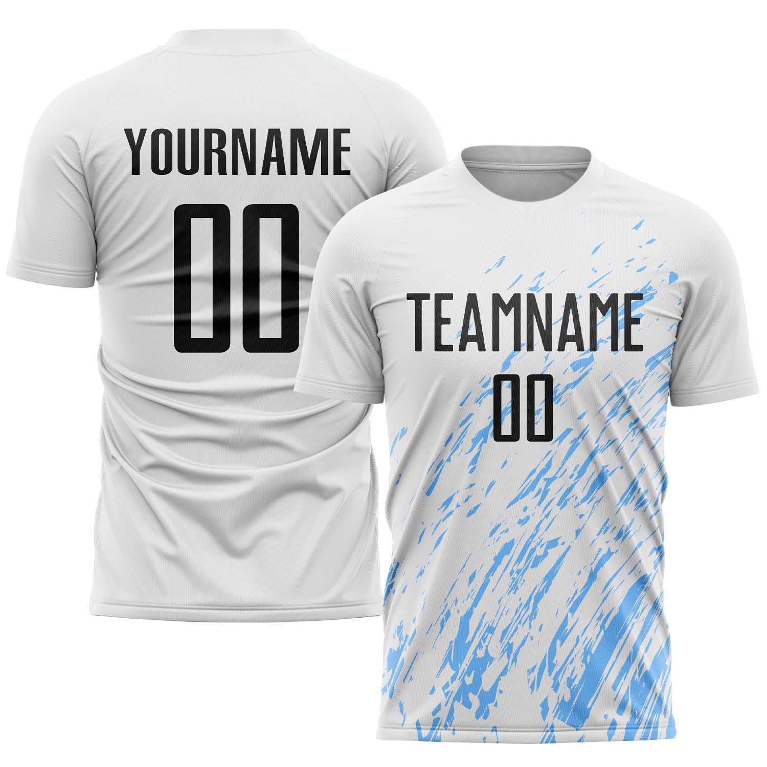 Custom White Black-Light Blue Splash Sublimation Soccer Uniform Jersey