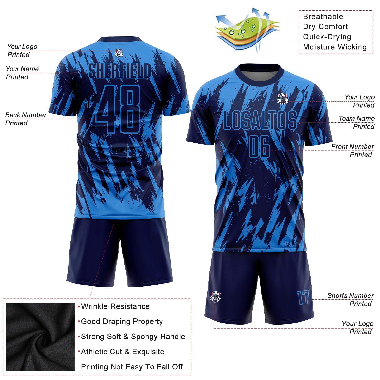 Custom Powder Blue Navy Sublimation Soccer Uniform Jersey