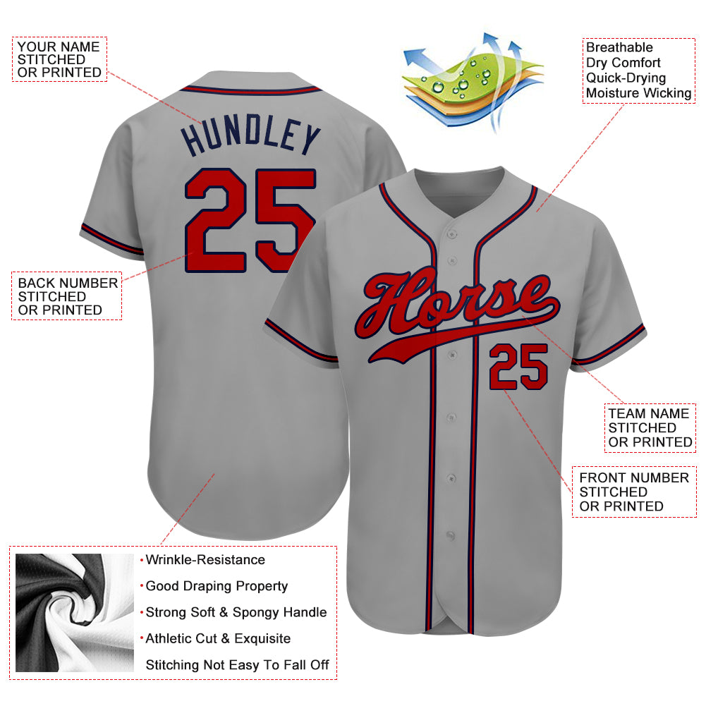 Custom Gray Red-Navy Authentic Baseball Jersey