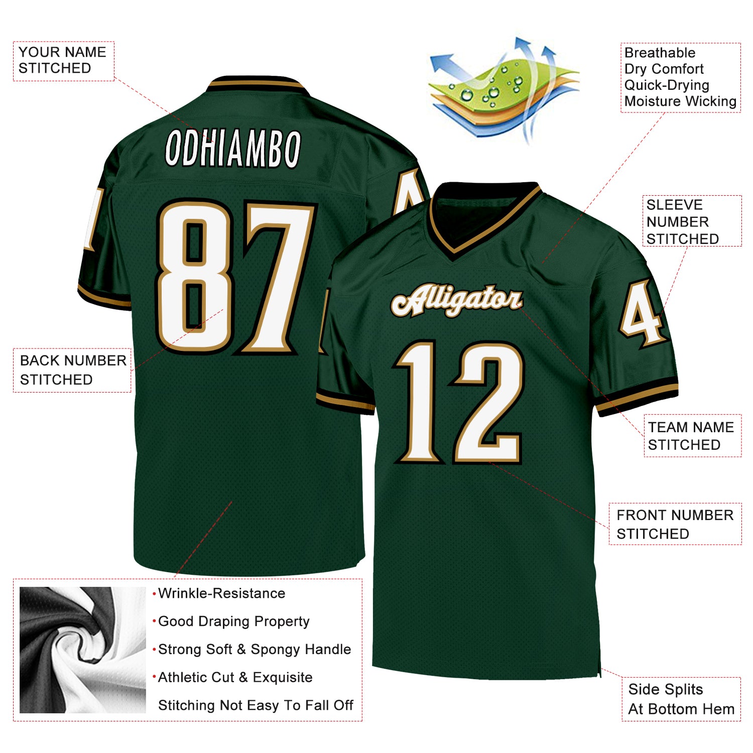 Custom Green White-Old Gold Mesh Authentic Throwback Football Jersey