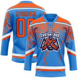 Custom Powder Blue Orange Navy-White 3D Splash Hockey Lace Neck Jersey