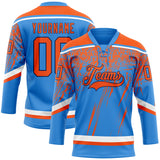 Custom Powder Blue Orange Navy-White 3D Splash Hockey Lace Neck Jersey