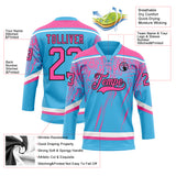 Custom Sky Blue Pink Black-White 3D Splash Hockey Lace Neck Jersey