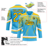Custom Sky Blue Yellow Black-White 3D Splash Hockey Lace Neck Jersey