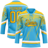 Custom Sky Blue Yellow Black-White 3D Splash Hockey Lace Neck Jersey