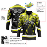 Custom Black Neon Yellow-White 3D Splash Hockey Lace Neck Jersey