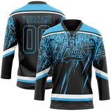 Custom Black Sky Blue-White 3D Splash Hockey Lace Neck Jersey