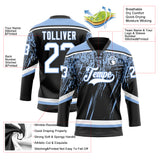 Custom Black White-Light Blue 3D Splash Hockey Lace Neck Jersey