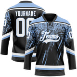 Custom Black White-Light Blue 3D Splash Hockey Lace Neck Jersey