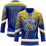 Custom Royal Yellow-White 3D Splash Hockey Lace Neck Jersey