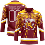 Custom Crimson Yellow-White 3D Splash Hockey Lace Neck Jersey