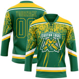 Custom Kelly Green Yellow-White 3D Splash Hockey Lace Neck Jersey
