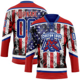 Custom Red Royal-White 3D American Flag Hockey Lace Neck Jersey