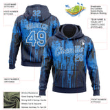 Custom Stitched Navy Powder Blue-White 3D Pattern Design Dripping Splatter Sports Pullover Sweatshirt Hoodie