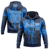 Custom Stitched Navy Powder Blue-White 3D Pattern Design Dripping Splatter Sports Pullover Sweatshirt Hoodie