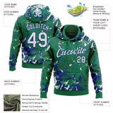 Custom Stitched Kelly Green White-Royal 3D Pattern Design Splash Sports Pullover Sweatshirt Hoodie