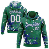 Custom Stitched Kelly Green White-Royal 3D Pattern Design Splash Sports Pullover Sweatshirt Hoodie
