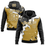 Custom Stitched Black Old Gold-White 3D Pattern Design Splash Torn Paper Style Sports Pullover Sweatshirt Hoodie