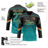 Custom Black Teal-Orange 3D Pattern Gradient Square Shapes Hockey Lace Neck Jersey
