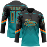 Custom Black Teal-Orange 3D Pattern Gradient Square Shapes Hockey Lace Neck Jersey