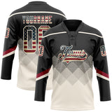 Custom Black Vintage USA Flag Cream-Crimson 3D Pattern Gradient Square Shapes Hockey Lace Neck Jersey