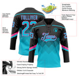 Custom Black Lakes Blue-Pink 3D Pattern Gradient Square Shapes Hockey Lace Neck Jersey