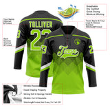 Custom Black Neon Green-White 3D Pattern Gradient Square Shapes Hockey Lace Neck Jersey