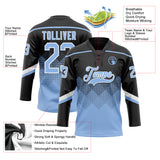 Custom Black Light Blue-White 3D Pattern Gradient Square Shapes Hockey Lace Neck Jersey