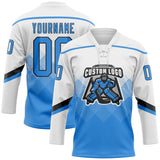 Custom White Powder Blue-Black 3D Pattern Gradient Square Shapes Hockey Lace Neck Jersey