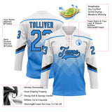 Custom White Powder Blue-Black 3D Pattern Gradient Square Shapes Hockey Lace Neck Jersey