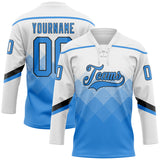 Custom White Powder Blue-Black 3D Pattern Gradient Square Shapes Hockey Lace Neck Jersey