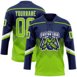 Custom Navy Neon Green-White 3D Pattern Gradient Square Shapes Hockey Lace Neck Jersey