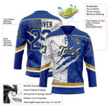 Custom Royal White-Old Gold 3D Pattern Gradient Fashion Scratch Hockey Lace Neck Jersey