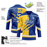 Custom Royal Yellow-White 3D Pattern Gradient Fashion Scratch Hockey Lace Neck Jersey