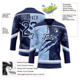 Custom Navy Light Blue-White 3D Pattern Gradient Fashion Scratch Hockey Lace Neck Jersey