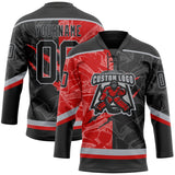 Custom Black Red-Gray 3D Pattern Gradient Fashion Scratch Hockey Lace Neck Jersey