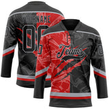 Custom Black Red-Gray 3D Pattern Gradient Fashion Scratch Hockey Lace Neck Jersey