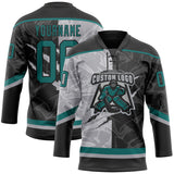 Custom Black Teal-Gray 3D Pattern Gradient Fashion Scratch Hockey Lace Neck Jersey