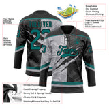 Custom Black Teal-Gray 3D Pattern Gradient Fashion Scratch Hockey Lace Neck Jersey
